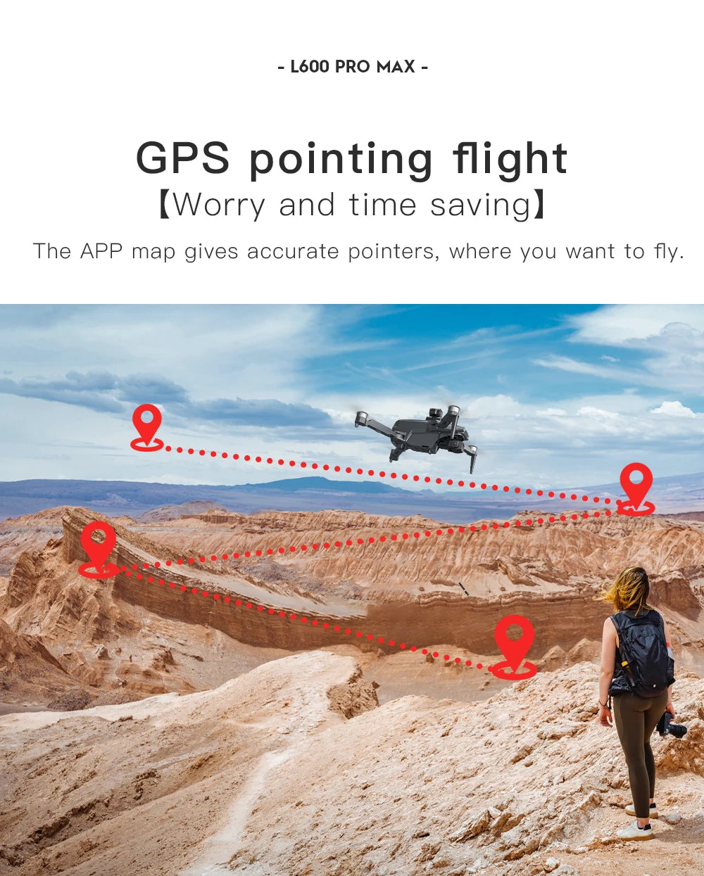 Person walking on a desert landscape with a drone flying above, indicating GPS pointing flight feature.