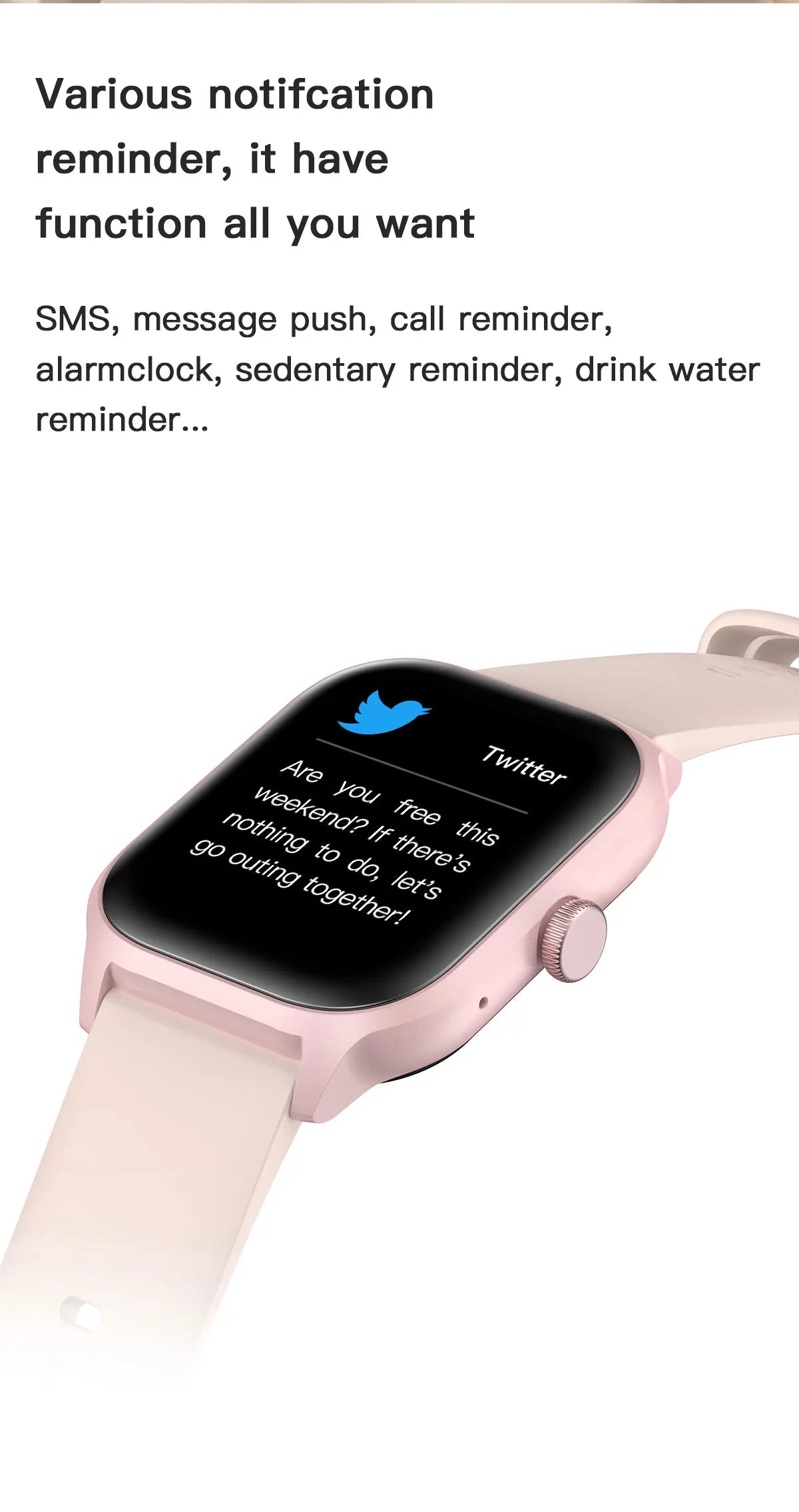 Smartwatch with a message on the screen displaying a Twitter notification, with text about various reminder functions.