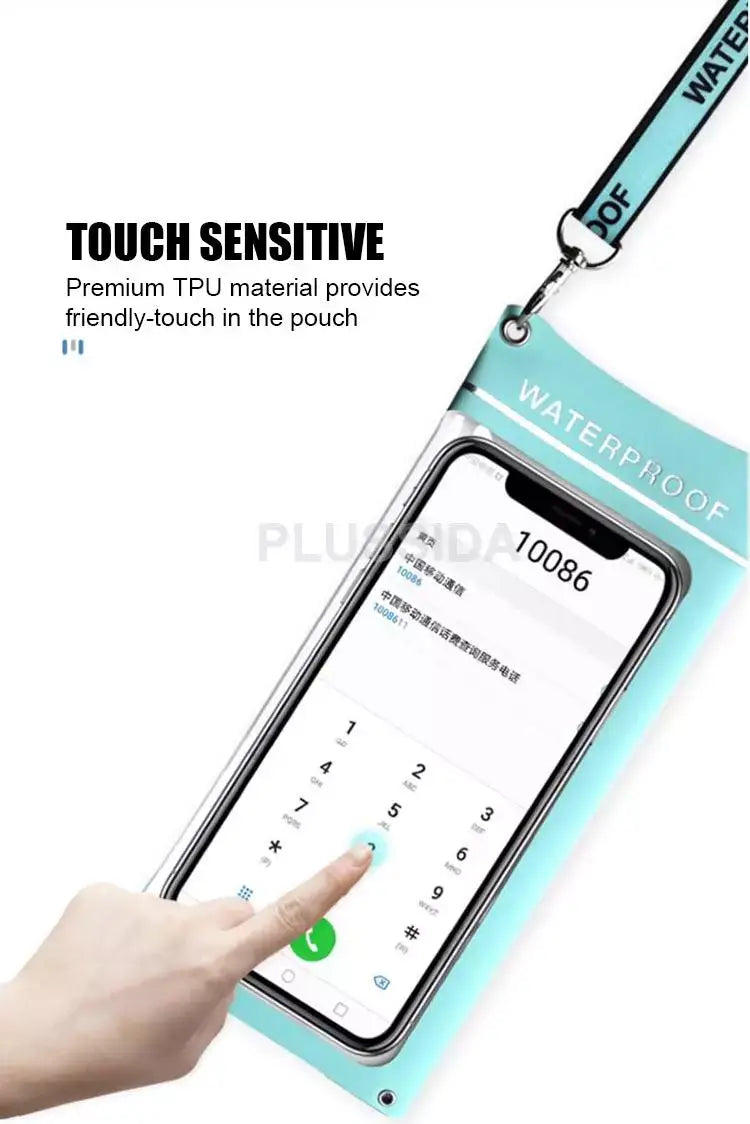 Waterproof phone pouch with touch-sensitive TPU material, displaying a phone screen