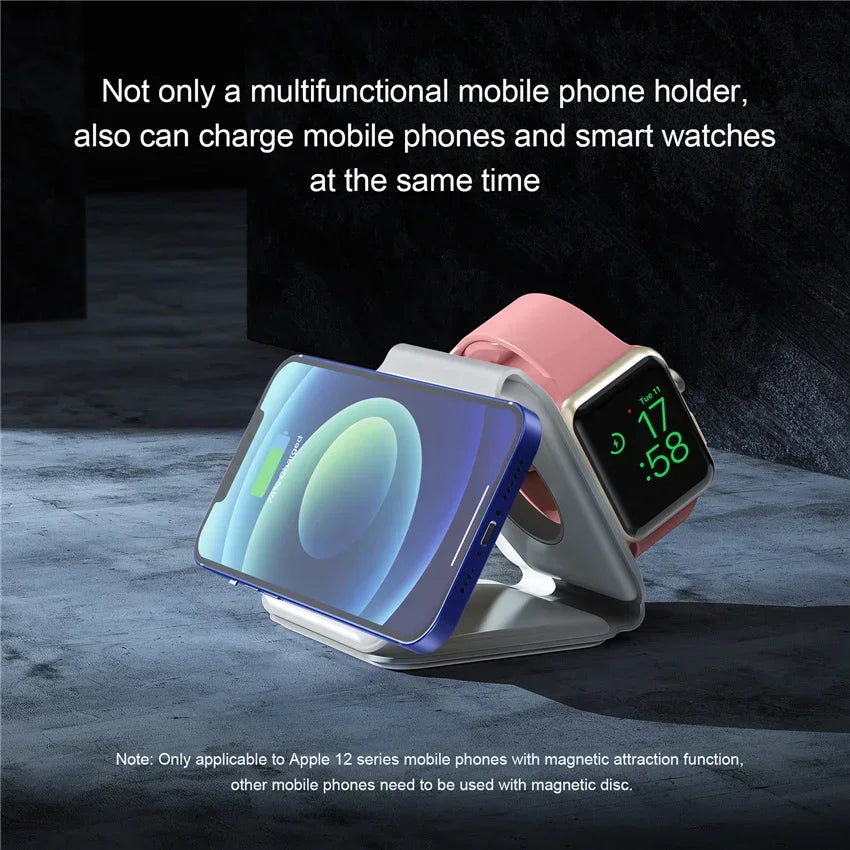 Multifunctional phone holder charging both a phone and smartwatch on a dark background