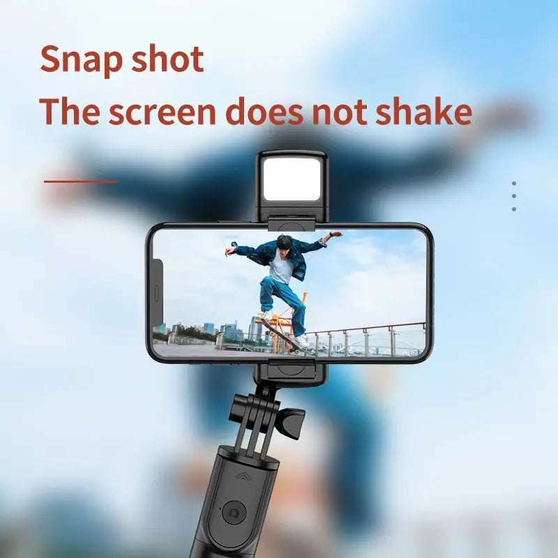 Phone with screen stabilizer app displaying a person skateboarding, with text "Snap shot – The screen does not shake"