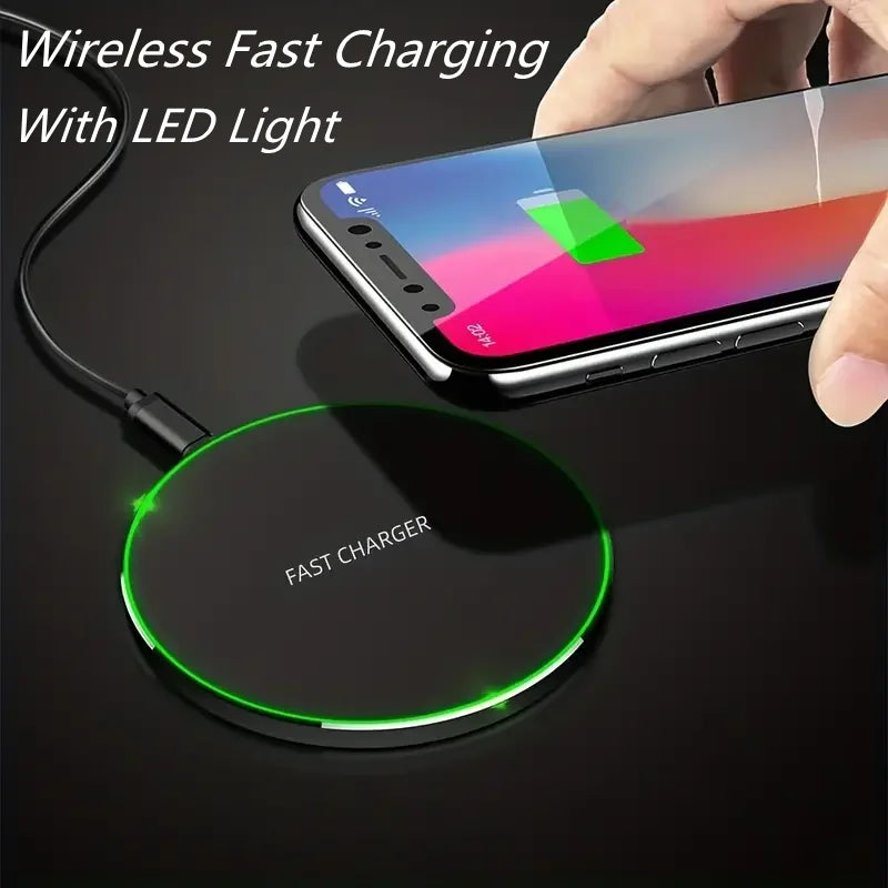 30W wireless fast charging pad with LED light charging smartphone.