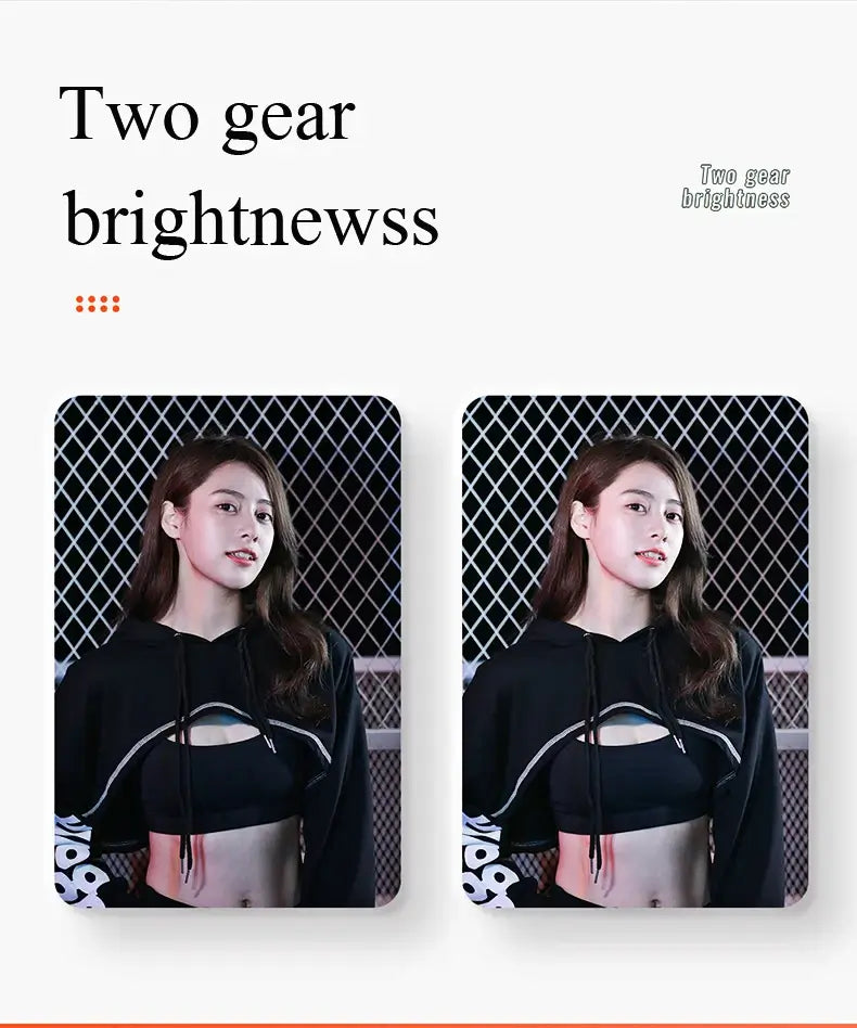 Two side-by-side images of a person wearing a black hoodie with white accents, labeled 'Too gear brightness'.