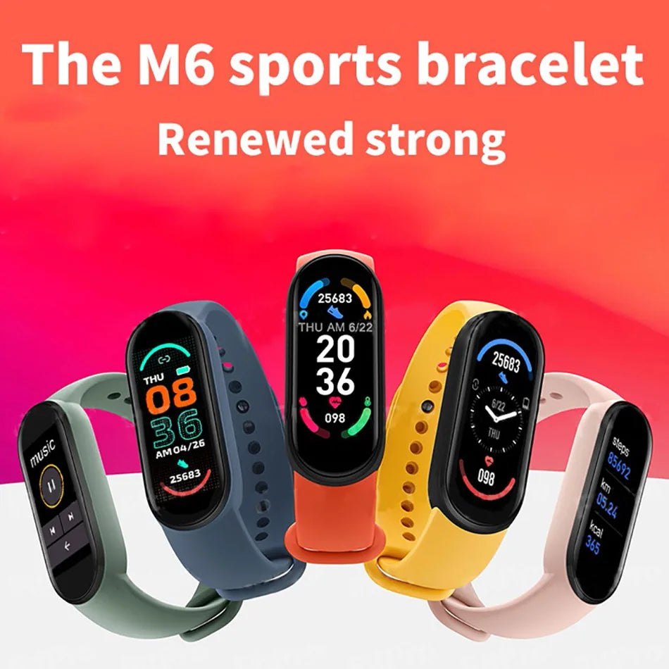 Four M6 sports bracelets in different colors on a gradient background with text 'The M6 sports bracelet Renewed strong'.