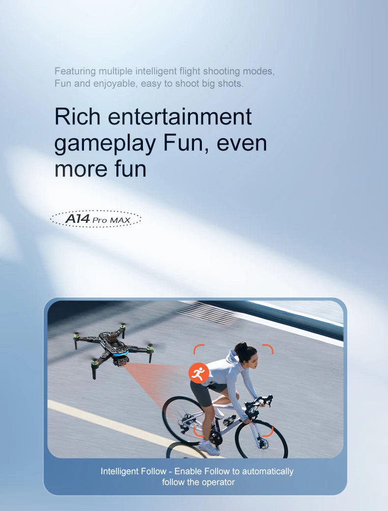 Advertisement for a drone with text about intelligent flight modes and entertainment gameplay on a light blue background.