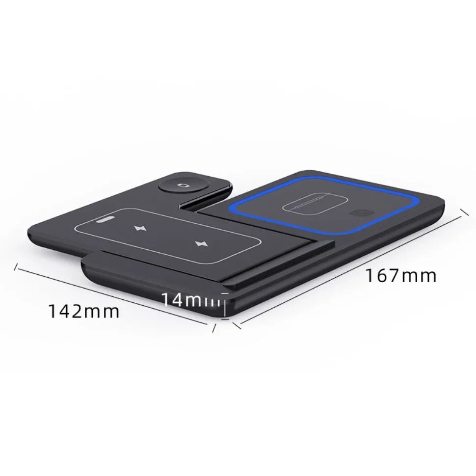 3 in 1 foldable wireless charging station dimensions showing 167mm length 142mm width and 14mm thickness.