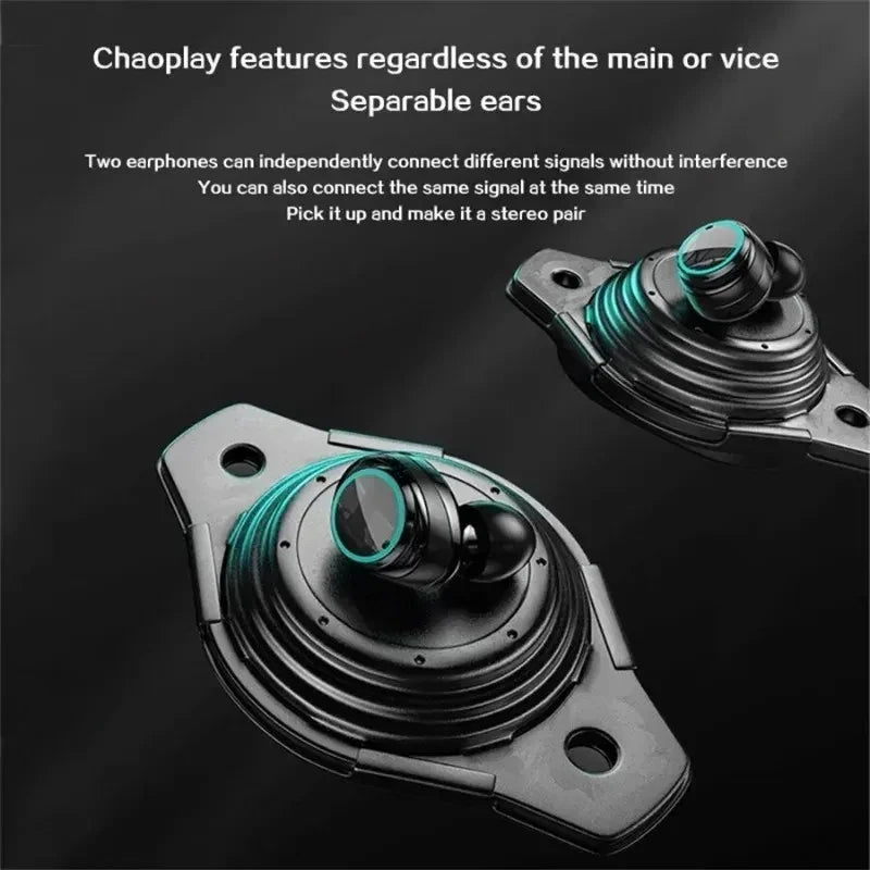 Two black and green earbud components on a dark background with text about Chaoplay features.
