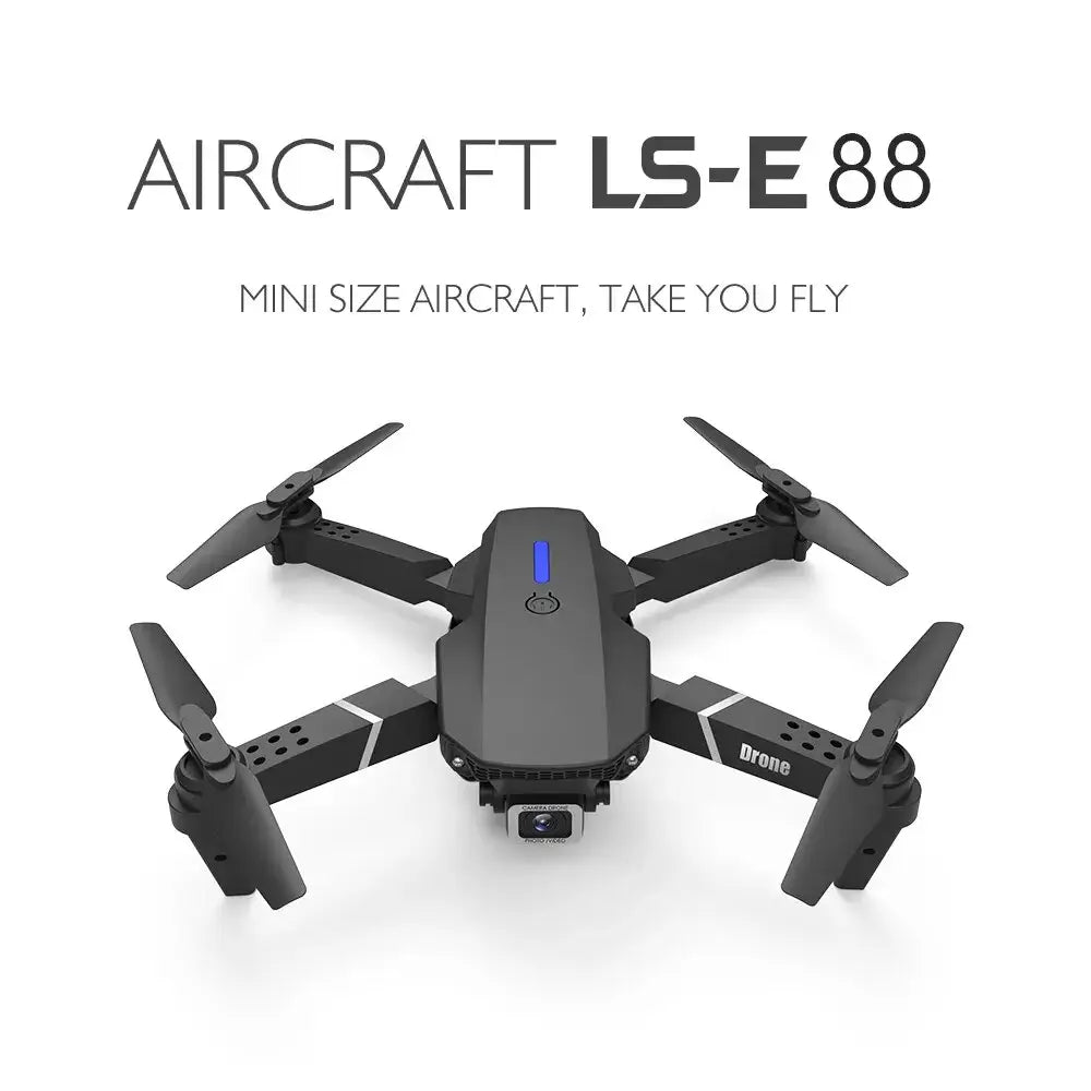 E88 Pro black foldable drone with 'Aircraft LS-E 88' text on a white background