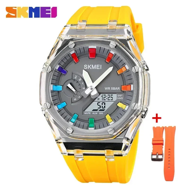 SKMEI men’s analog-digital watch with transparent case, yellow silicone strap, colorful dial markers, and extra orange replacement stra