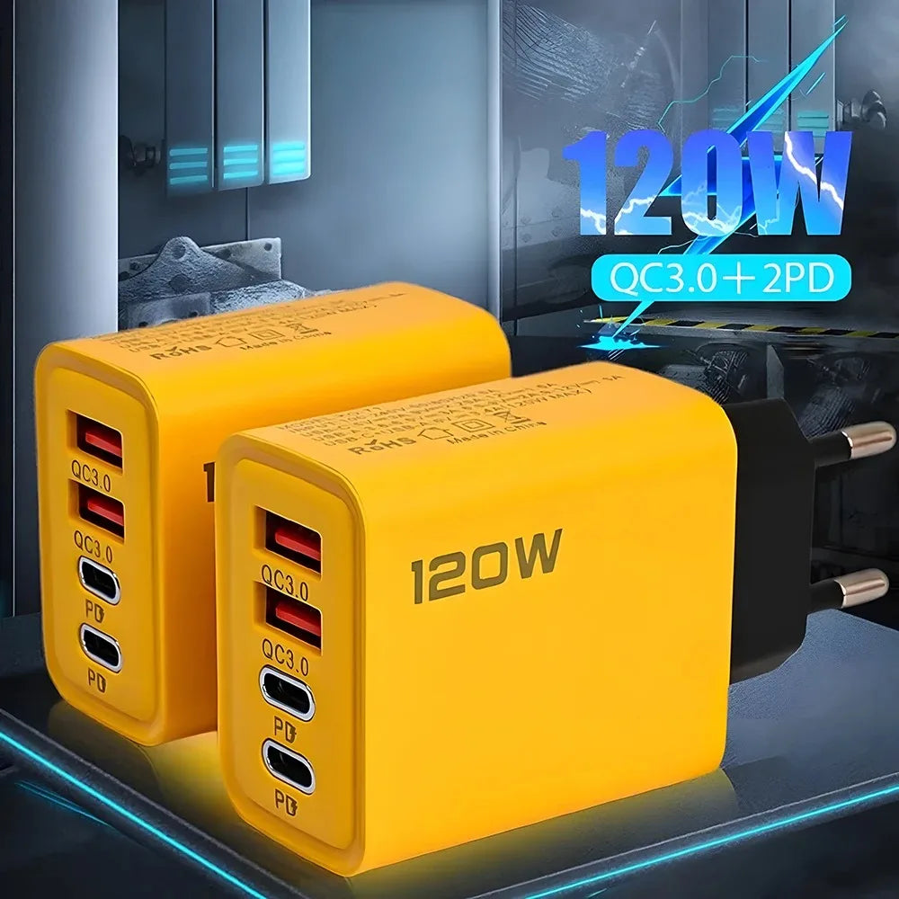 Two yellow 120W charging adapters with multiple ports on a reflective surface.
