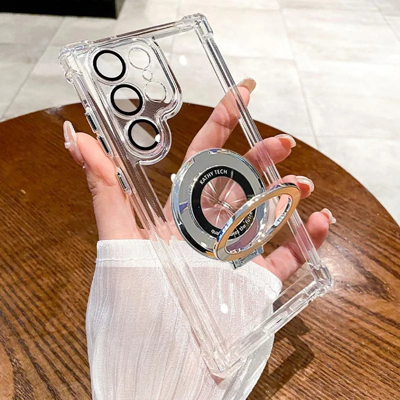 Clear phone case with heart design held by a hand on a wooden surface