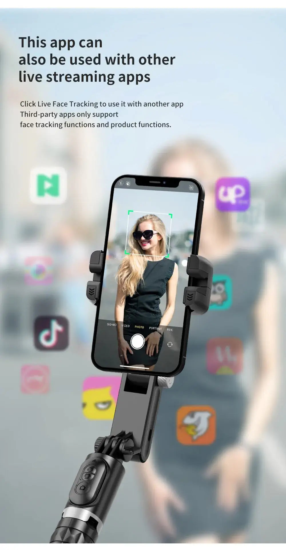 Smartphone with app interface on a selfie stick against a blurred background with app icons.
