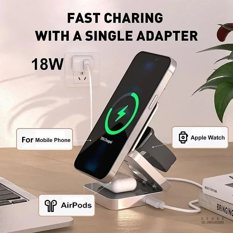 Multi-device charging station with smartphone, Apple Watch, and AirPods on a desk.