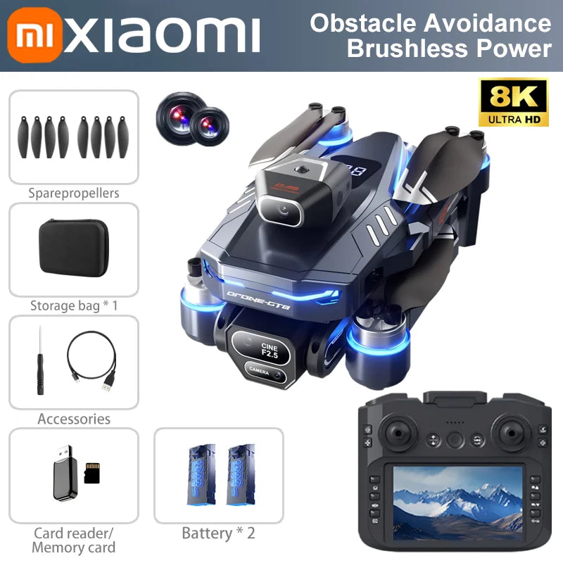 Xiaomi drone with accessories and remote control on a white background
