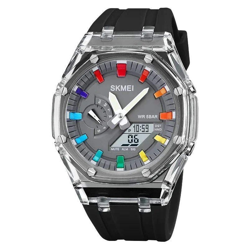 SKMEI men’s analog-digital watch with transparent case, black silicone strap, and colorful dial markers