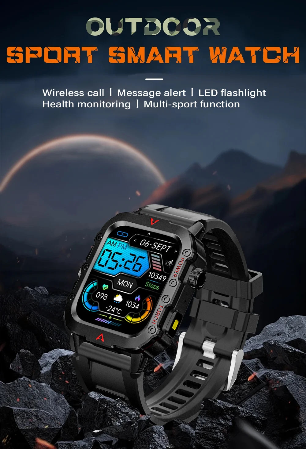 Outdoor Sport Smart Watch with digital display on a mountainous background