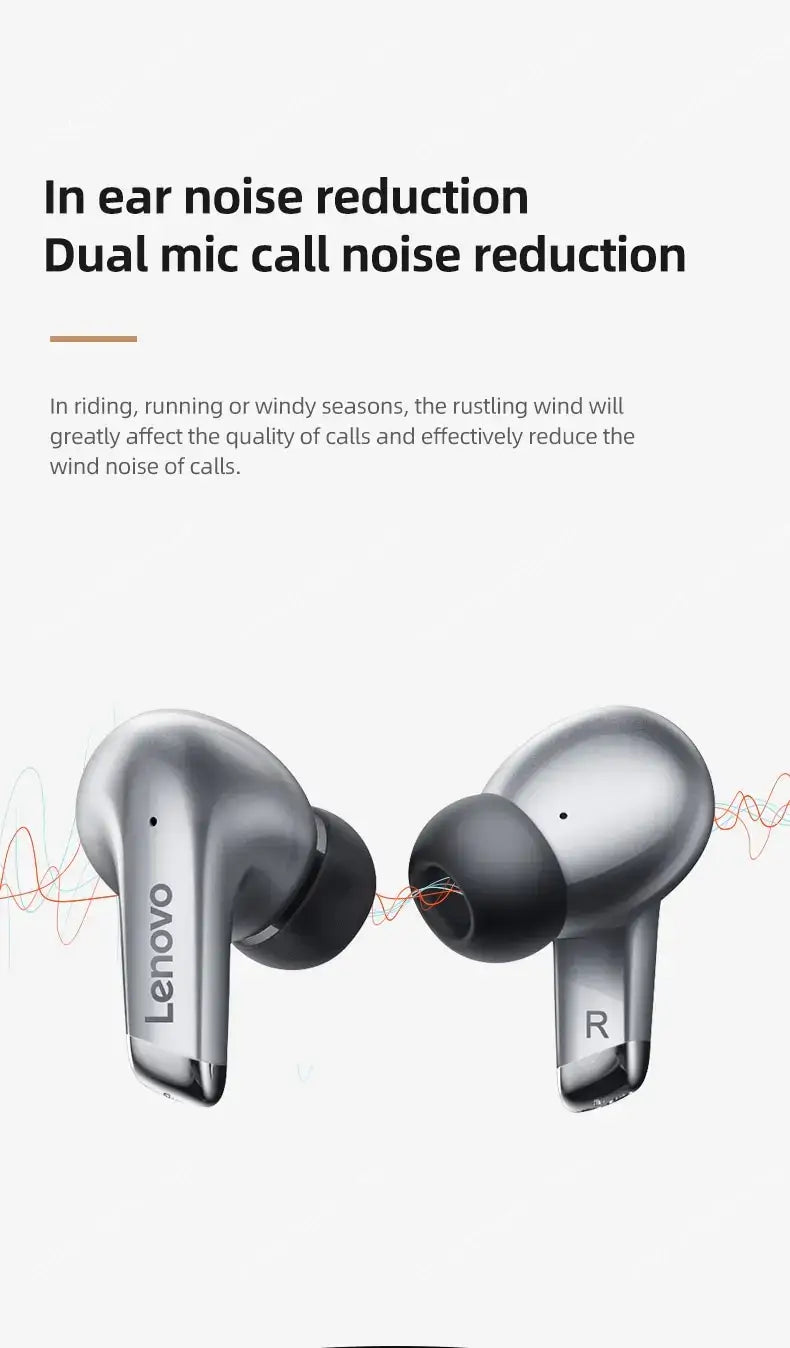 Lenovo wireless earbuds with noise reduction features on a white background