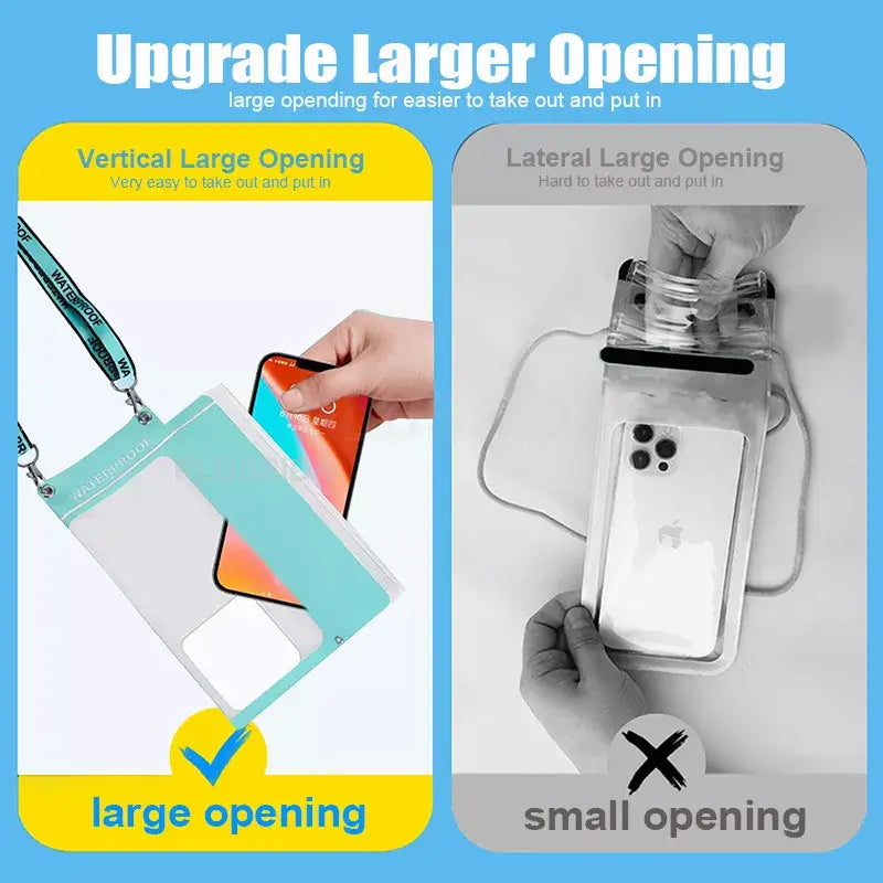 Product comparison showing a waterproof phone case with a large opening for easier access