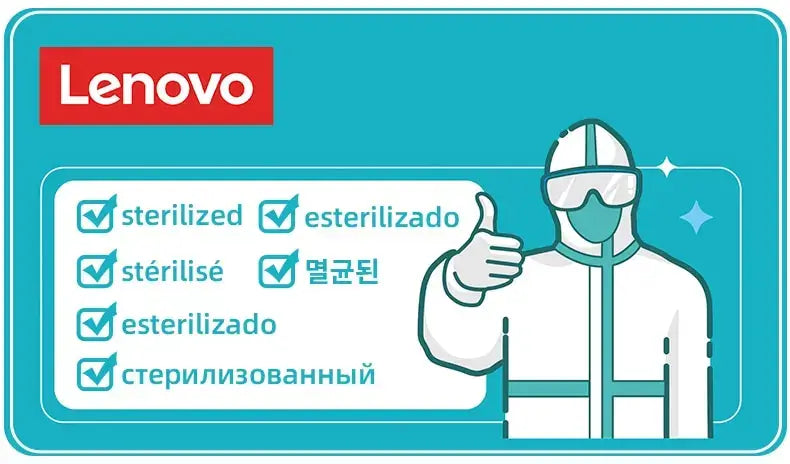 Lenovo logo with a person in PPE giving a thumbs-up on a blue background
