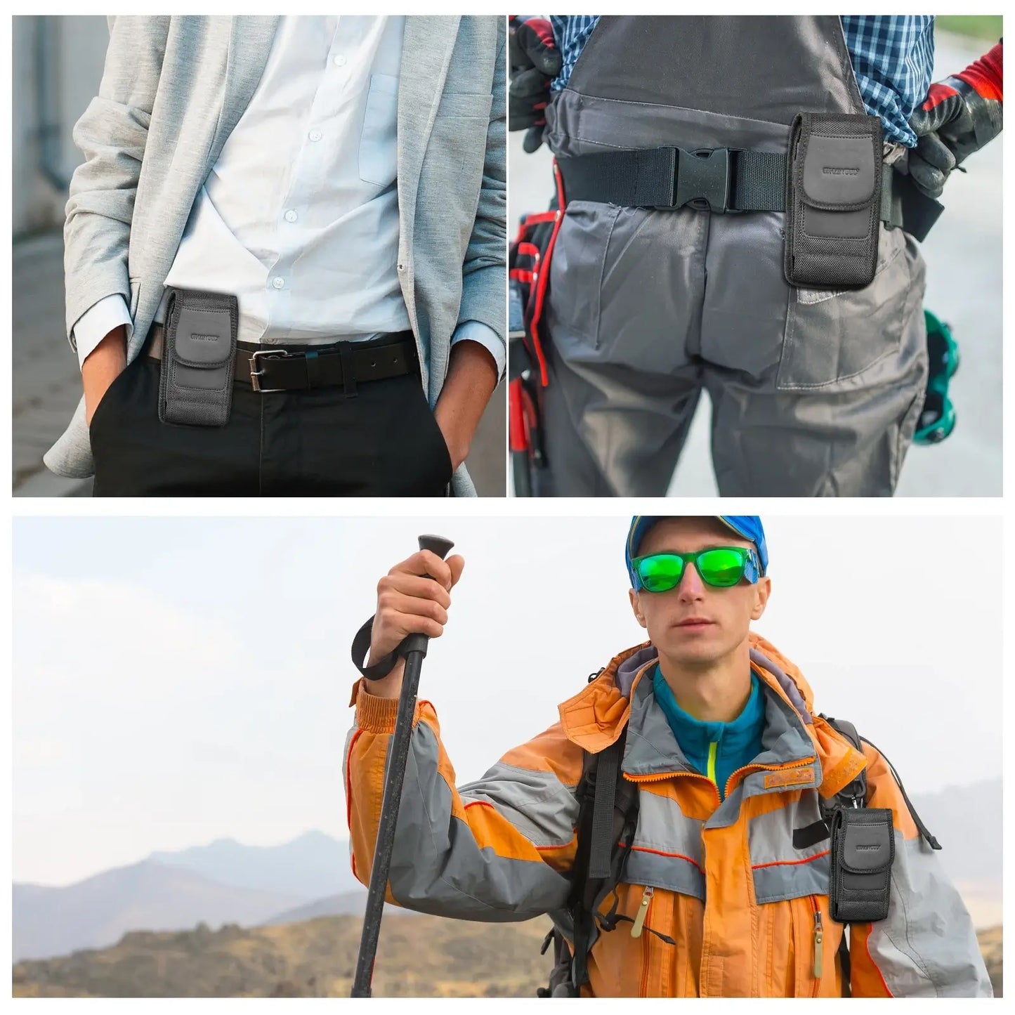 Collage of a person wearing a tactical pouch on their belt with an outdoor background