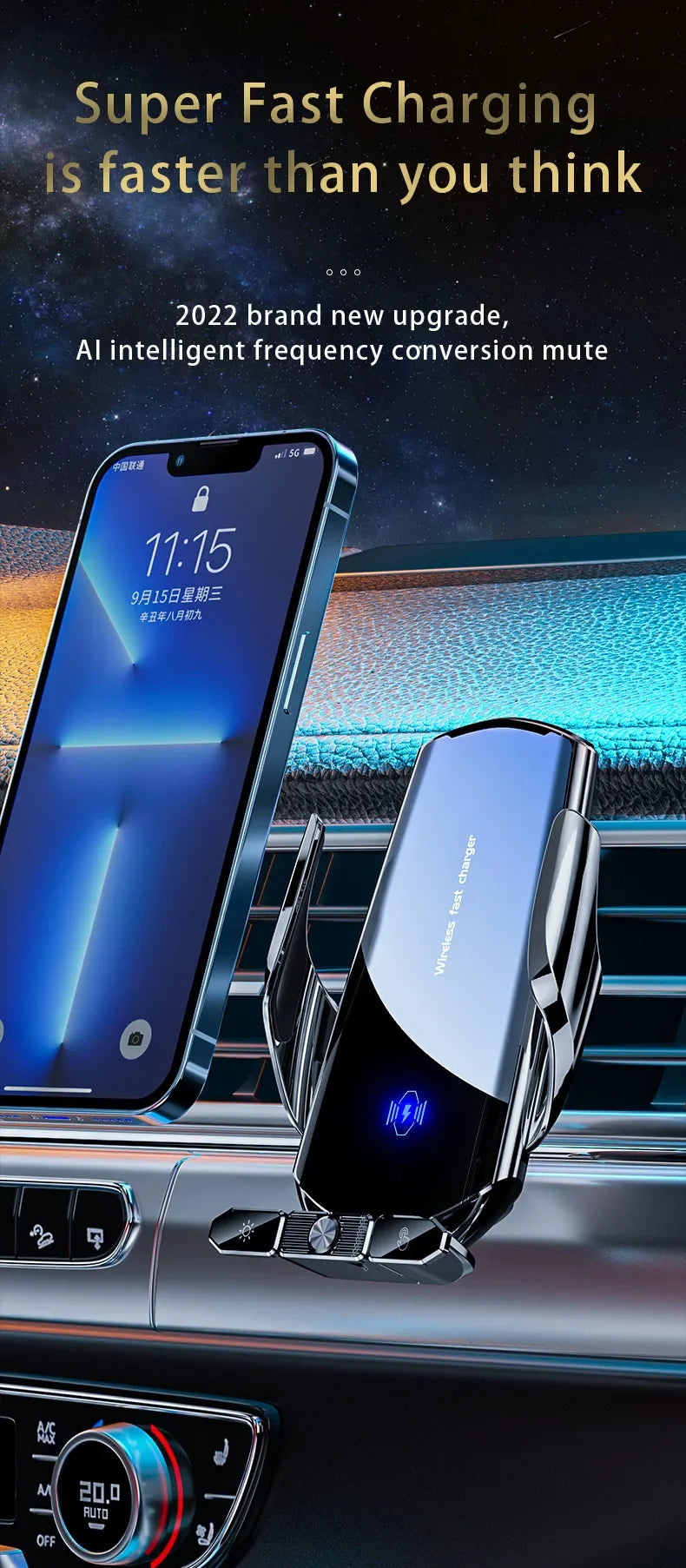 Car charger with smartphone displaying time, placed in a car's air vent.