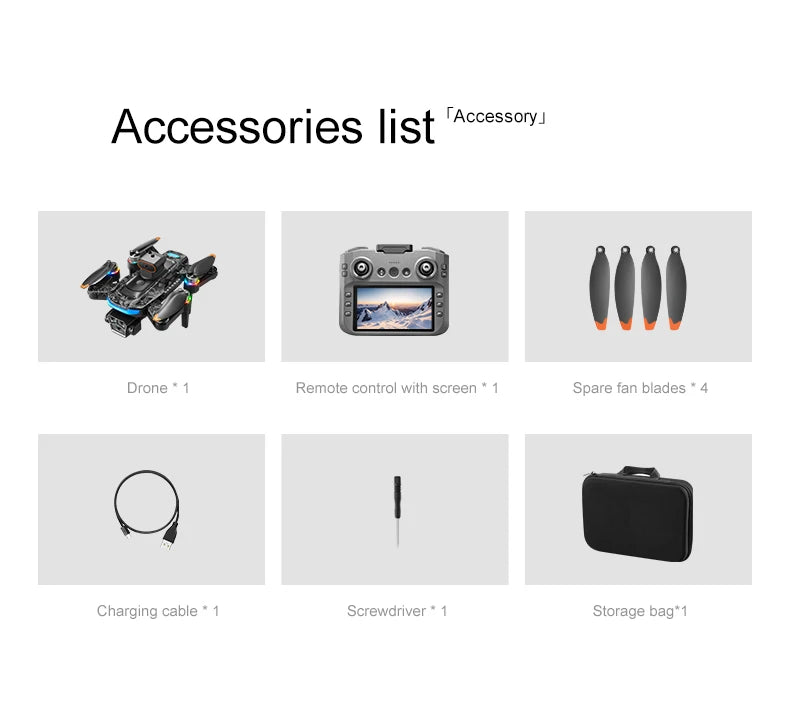 List of drone accessories including a drone, remote control with screen, spare fan blades, charging cable, screwdriver, and storage bag on a white background.