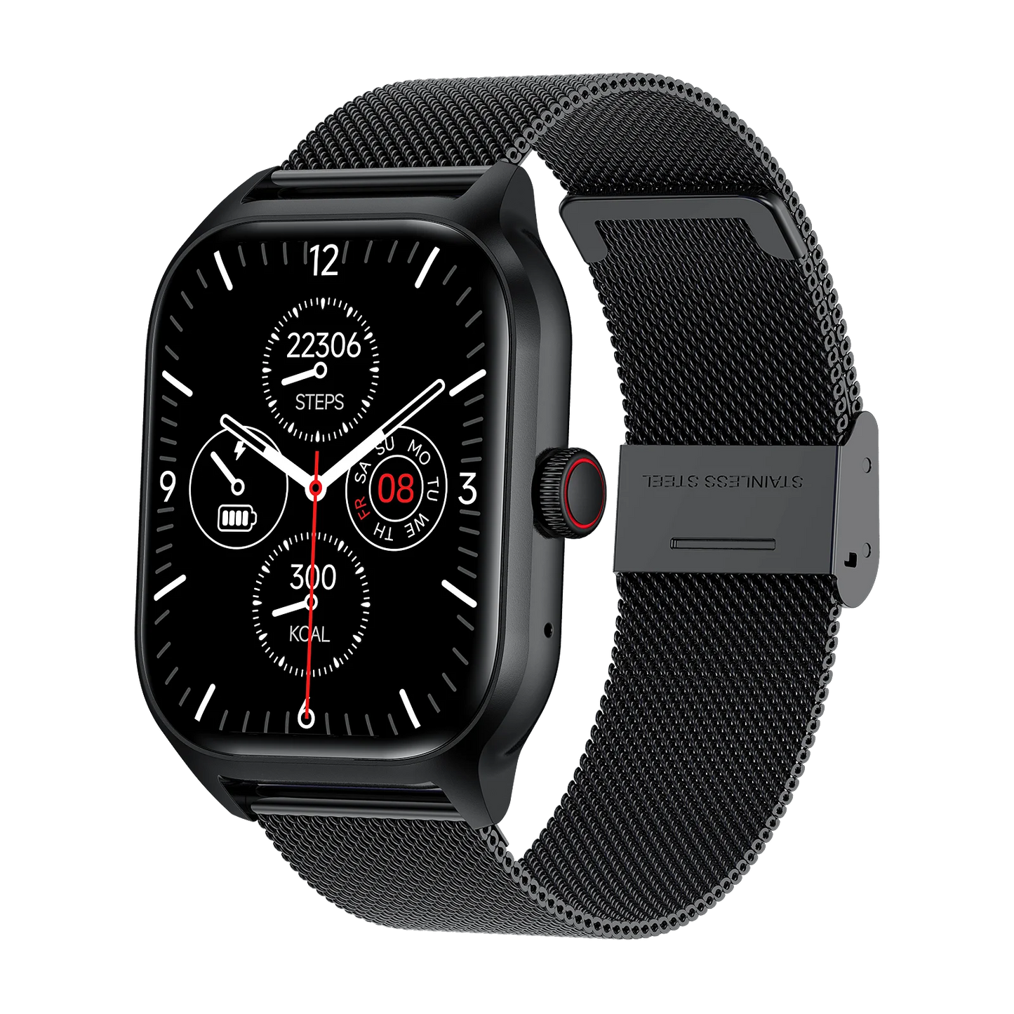 Black smartwatch with mesh band on a white background