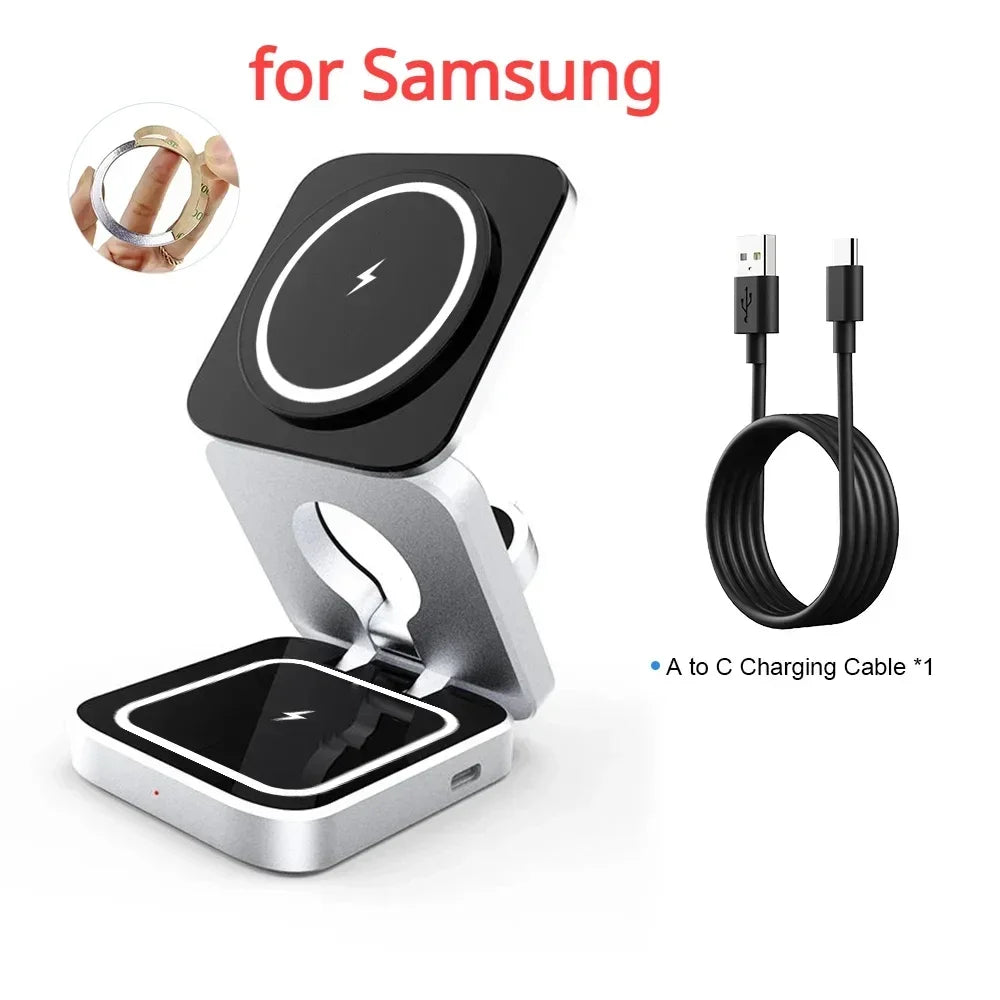 Wireless charging stand with Samsung logo and charging cable on a white background