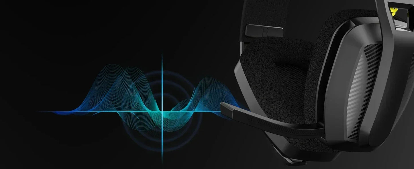 Gaming headset with sound wave graphic on a dark background