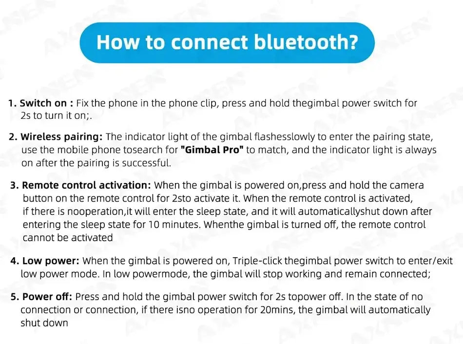 Instructions on how to connect Bluetooth for a gimbal device.