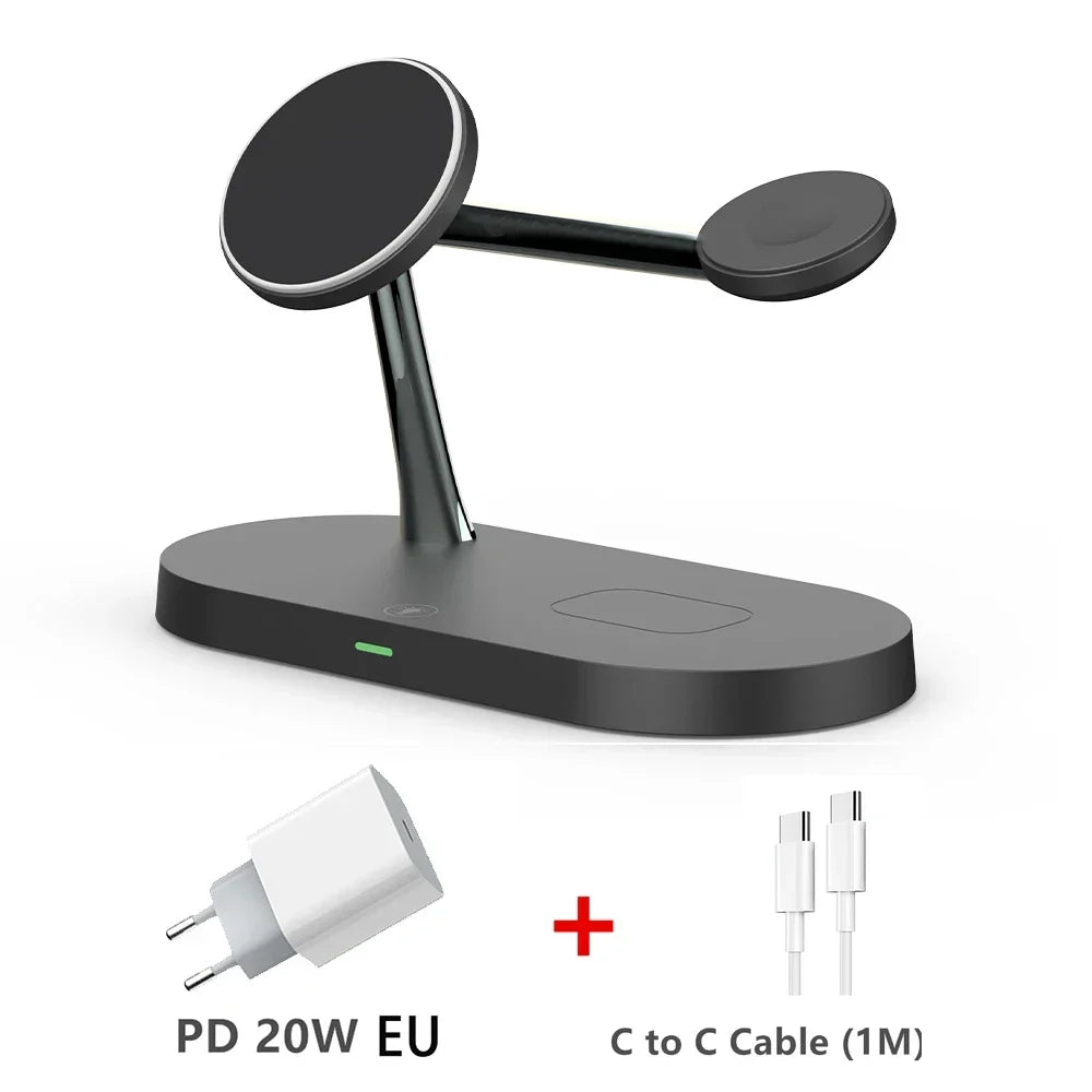 Black charging stand with PD 20W EU adapter and C to C cable on a white background