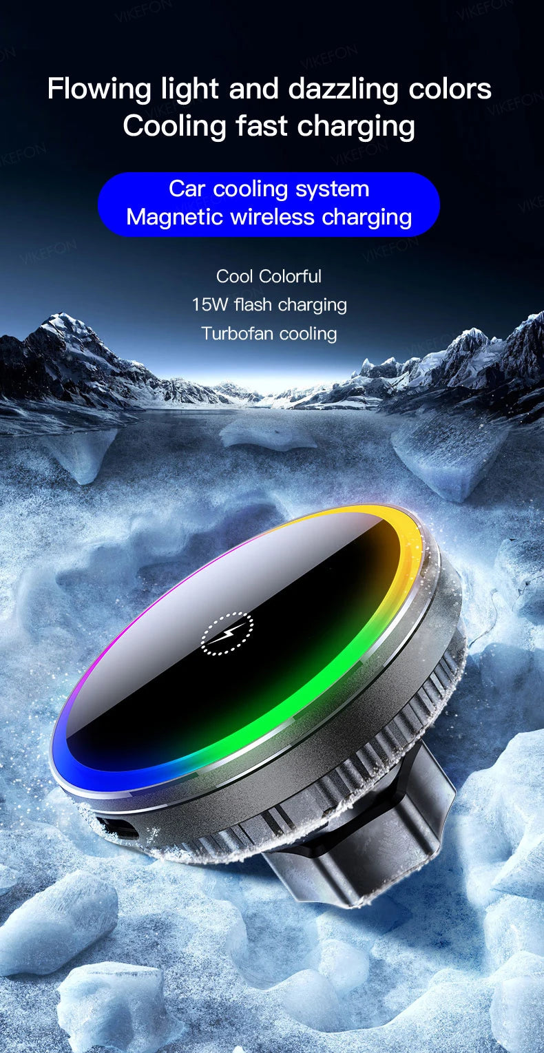 Car cooling system with colorful LED lights on a snowy background