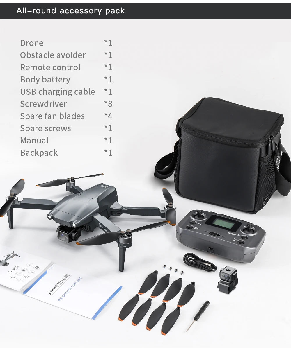 Drone accessory pack with drone, remote control, battery, and tools on a white background