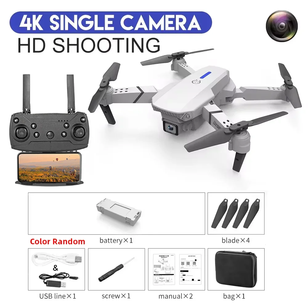 Drone with 4K single camera and HD shooting capabilities, including remote control and accessories on a white background.