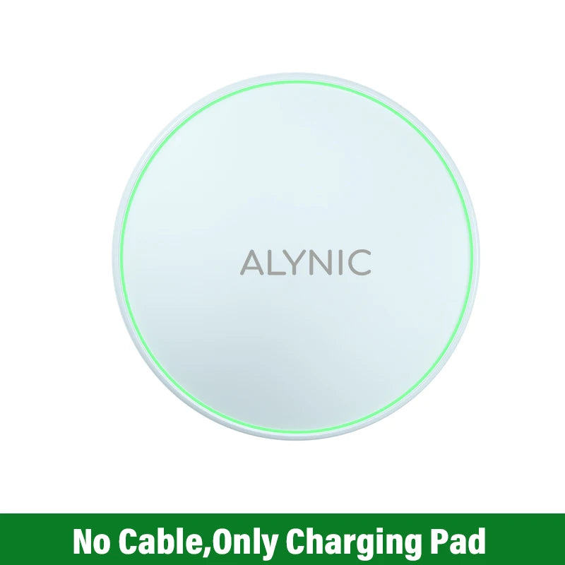 White ALYNIC brand 30W wireless charging pad with green LED ring shown without cable included.