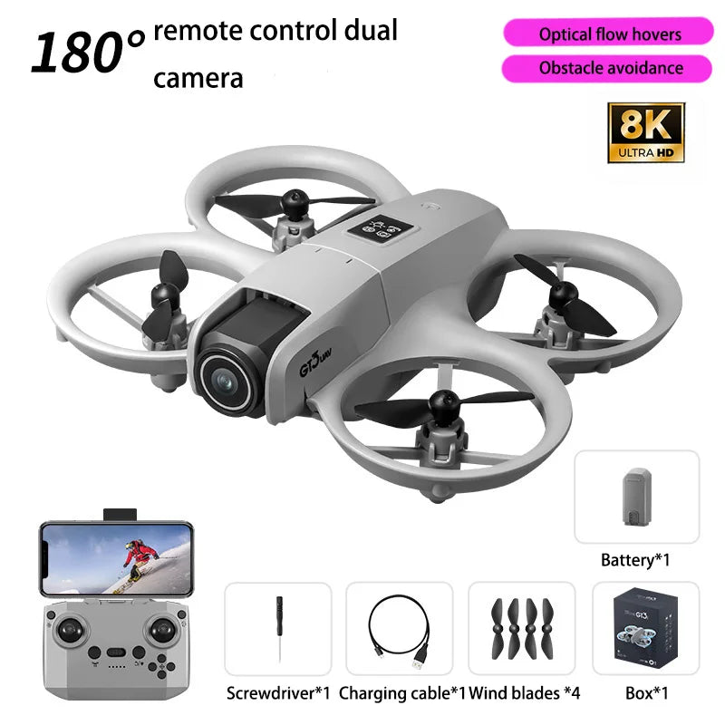 180-degree remote control dual camera drone with features listed on a white background
