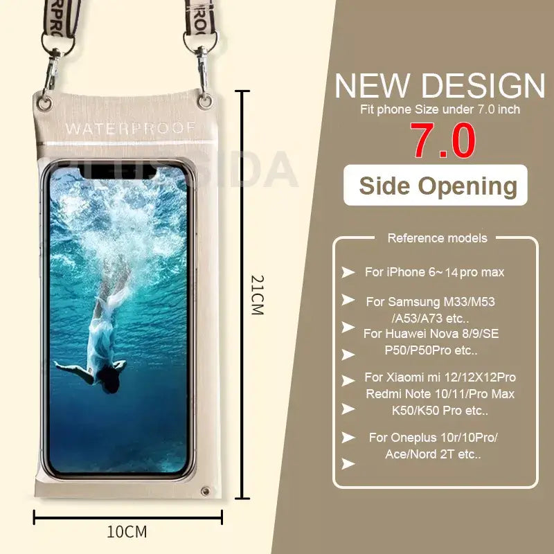 Waterproof phone case with dimensions and compatibility details on a beige background