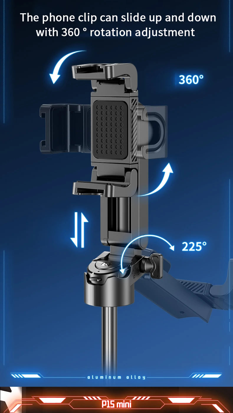 Phone clip with 360-degree rotation adjustment on a blue background