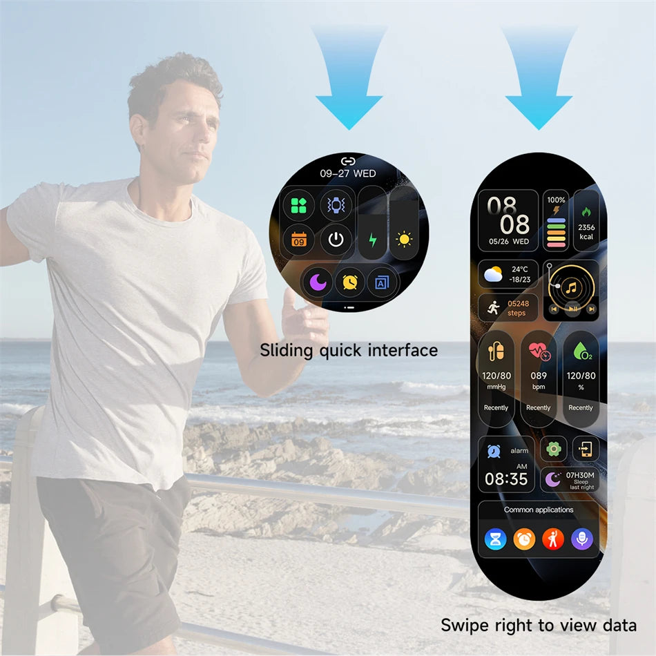 Smartwatch with sliding quick interface and swipe right to view data feature, displayed on a beach background.