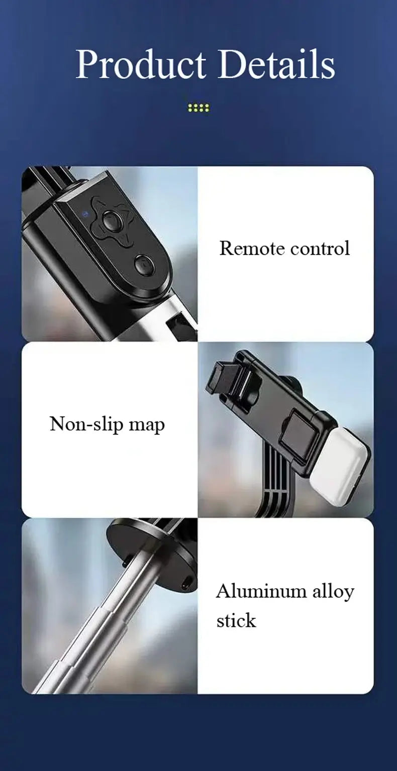 Product details of a remote control with non-slip map and aluminum alloy stick on a blue background.