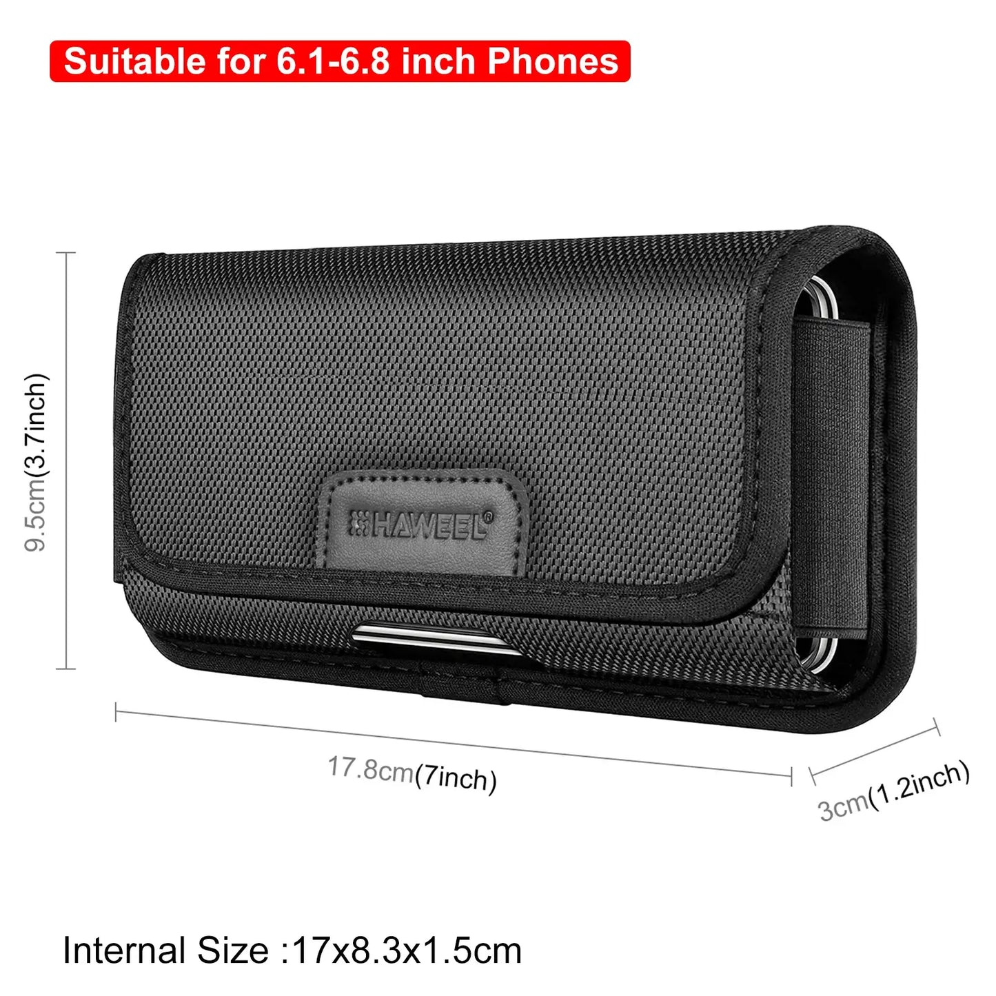 Black phone case with dimensions and compatibility information on a white background