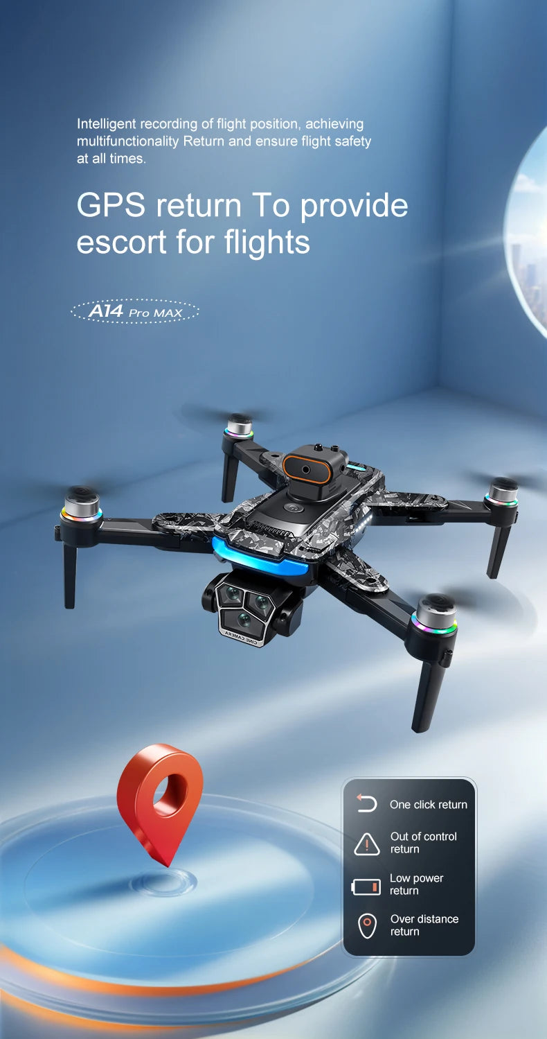 Drone with GPS return feature on a blue background