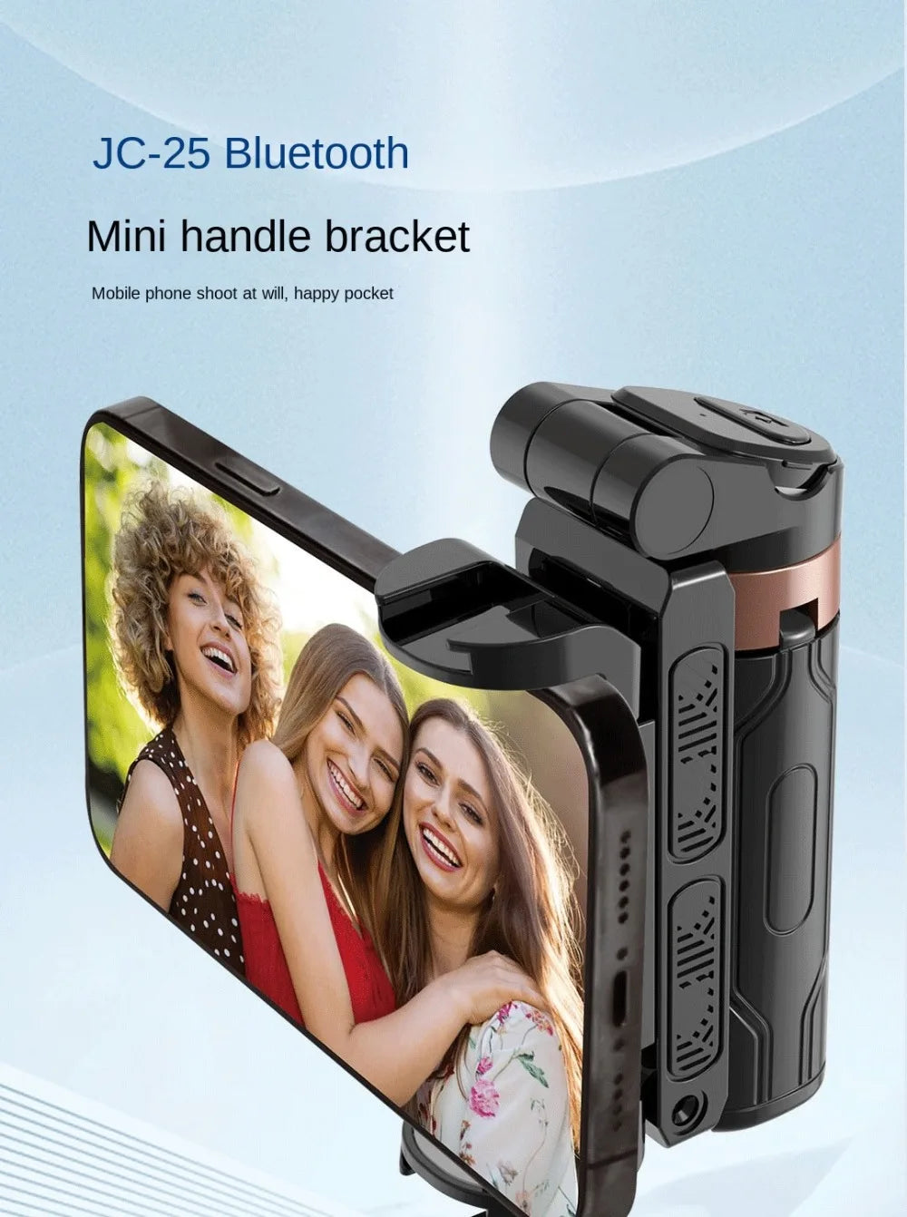 JC-25 Bluetooth mini handle bracket with a phone attached, showing a photo of three women on the screen.