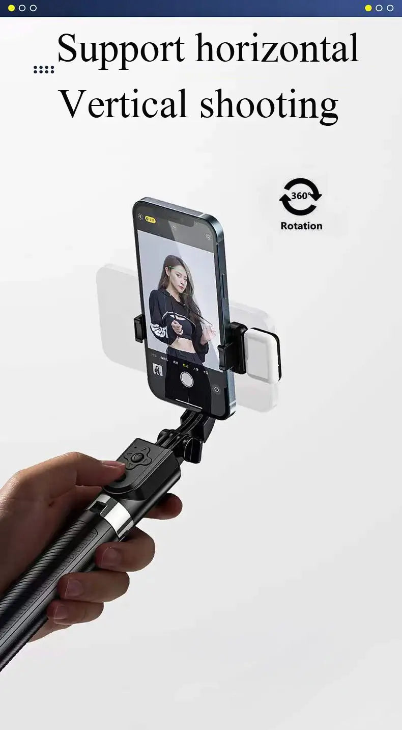 Hand holding a smartphone with a selfie stick, displaying 'Support horizontal Vertical shooting' text.