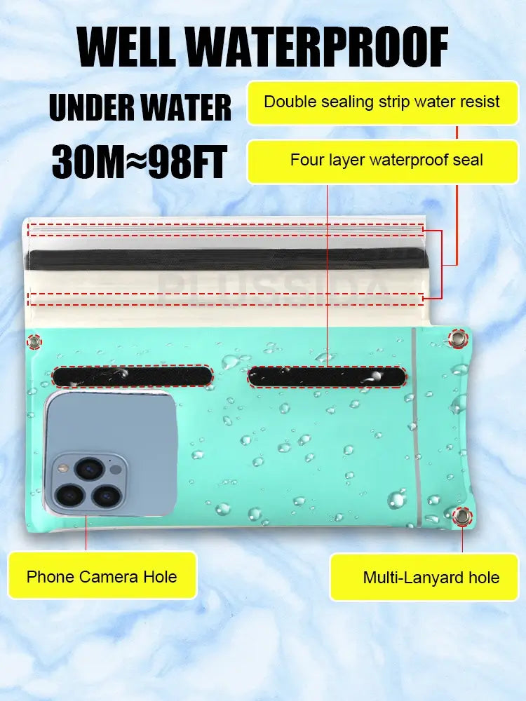 Phone case with waterproof features highlighted on a blue background