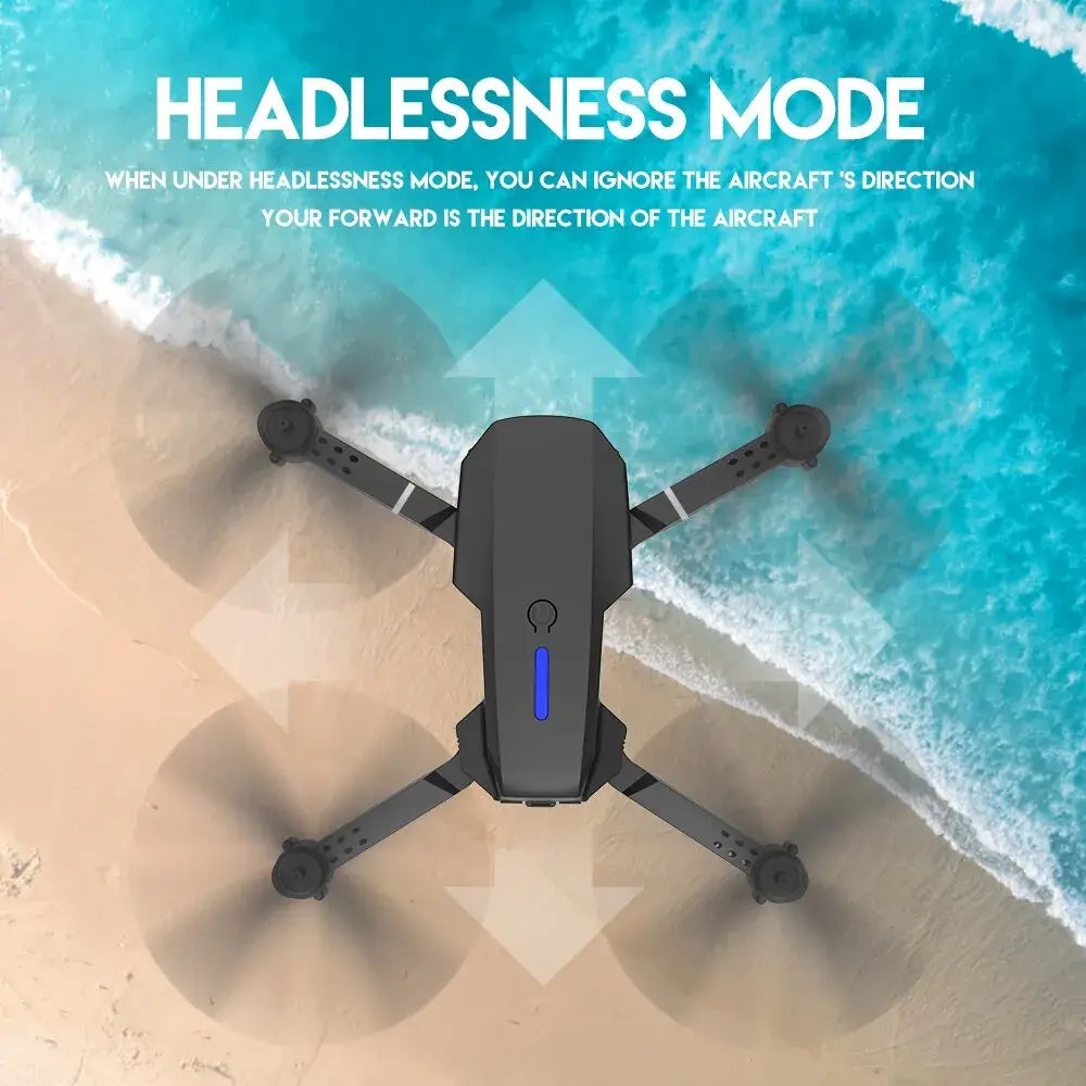 E88 Pro drone with text highlighting headless mode over a beach background