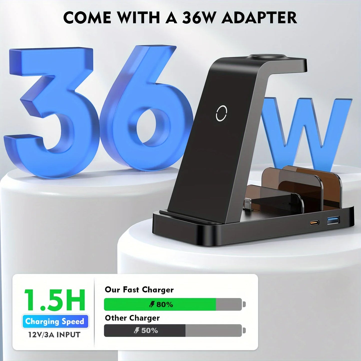 Black phone charging stand with 36W adapter on a white background