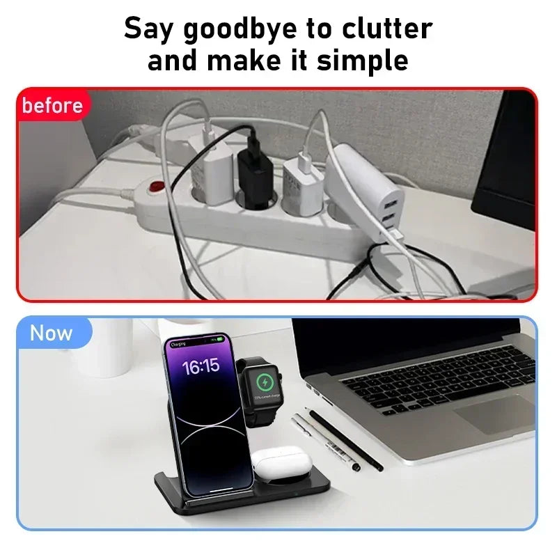 Before and after comparison of a messy desk with tangled cables and a clean desk setup with a charging station.