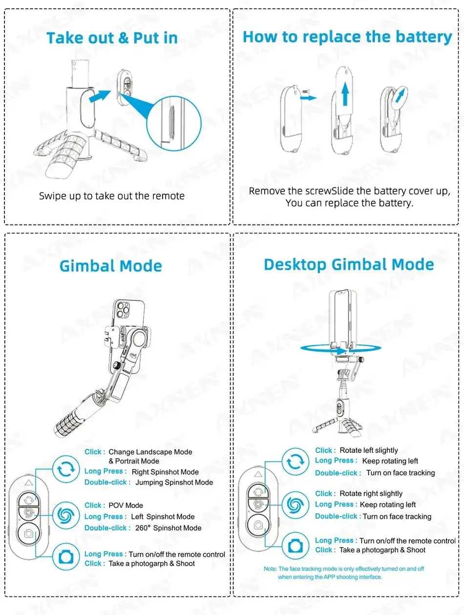 Instructions for replacing a battery and using gimbal modes on a remote control device.