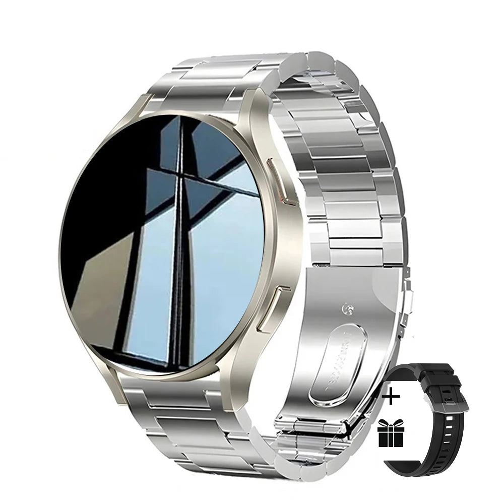 Silver smartwatch with metal band on a white background